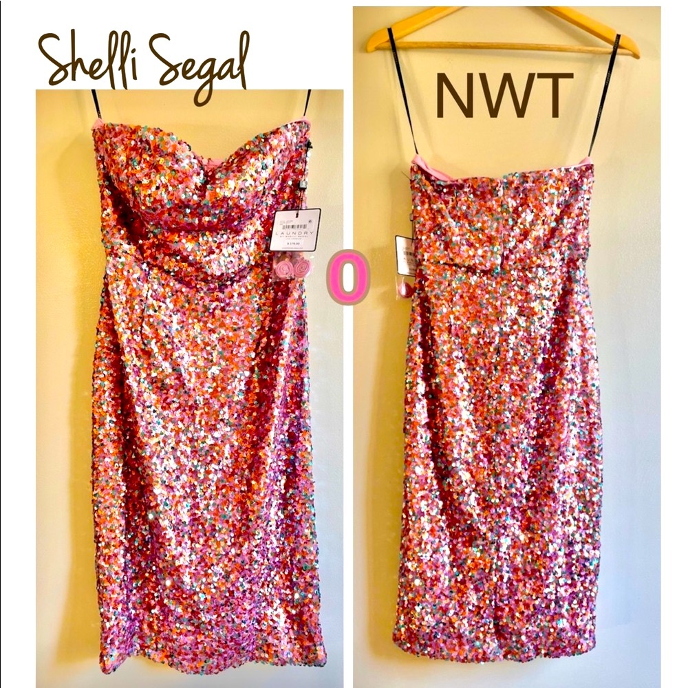 NWT (0) Laundry Shelli Segal knee length sequined pink multi sequin party midi
